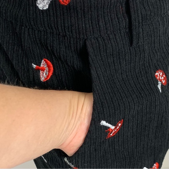 Cider Women S Bib Overalls Embroidered Mushrooms Corduroy Hippie Wide Leg Black - Picture 4 of 16